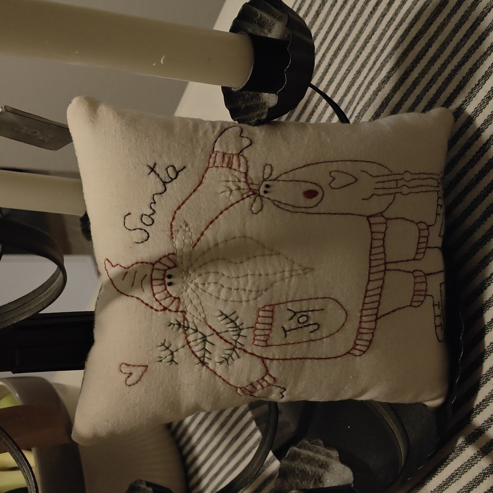 Festive Santa and Reindeer Embroidered Pillow
